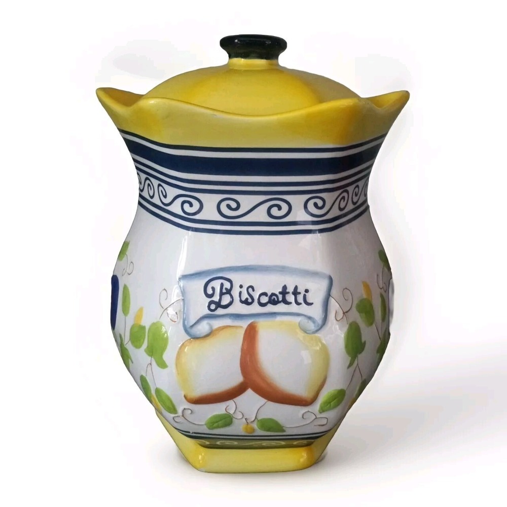 Nonni's Painted Fruit Lemon Yellow Blue Biscotti Large Cookie Jar